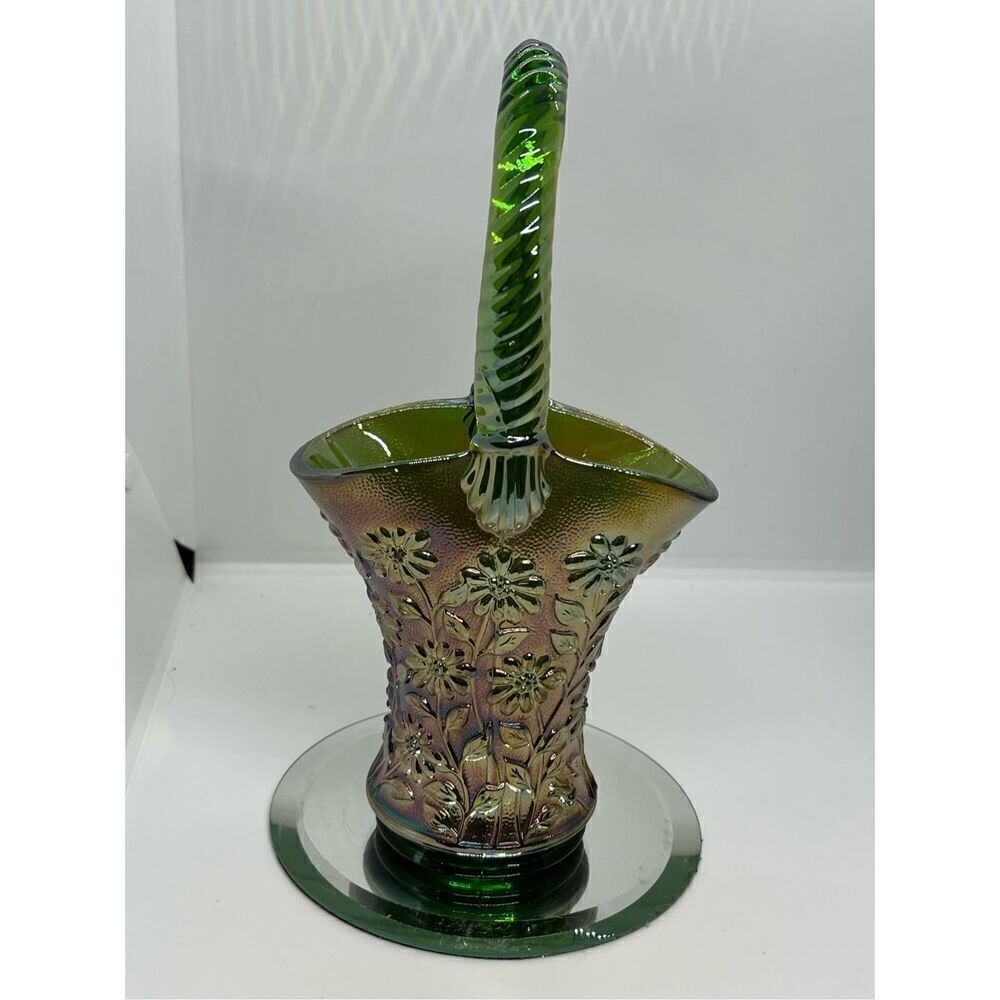 IMPERIAL CARNIVAL GLASS "HELIOS GREEN" GOLD IRIDESCENT BASKET-DAISY PATTERN 10”